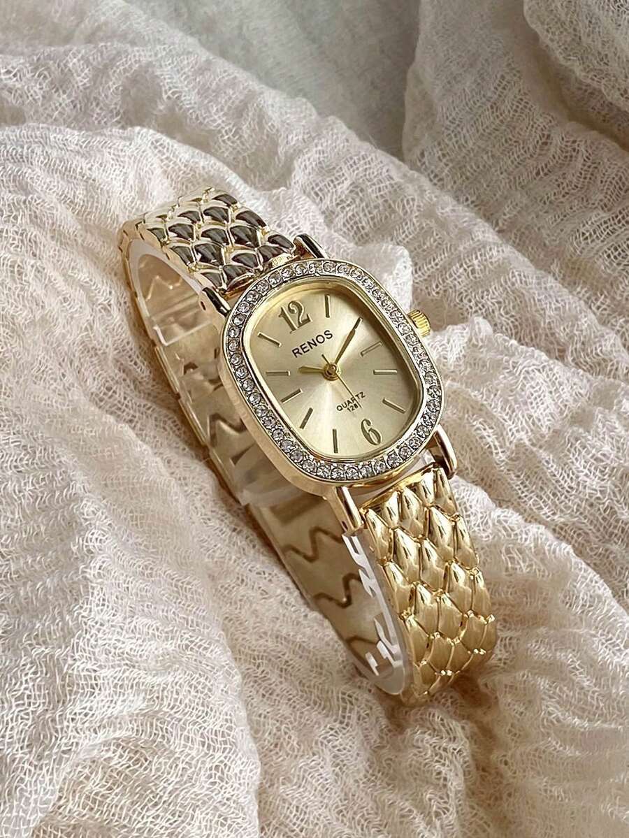 1件女士椭圆形表盘金色/银色不锈钢表带经典商务石英表，镶嵌水钻，适合日常佩戴