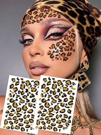 2pcs Vintage Temporary Leopard Print Face Tattoo Sticker, Leopard Makeup Sticker For Christmas, Y2K Costume, Beautiful Decoration For Face & Body, Cosplay Makeup Tool, Photo Prop. Used For Eye Makeup, Makeup, Stage Makeup, Festivals, Parties, Daily Personalized Face Sticker