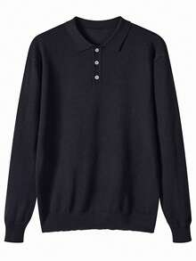 Męski sweter casualowy z długim rękawem i kołnierzykiem w jednolitym kolorze - Czarne - Zobacz 3