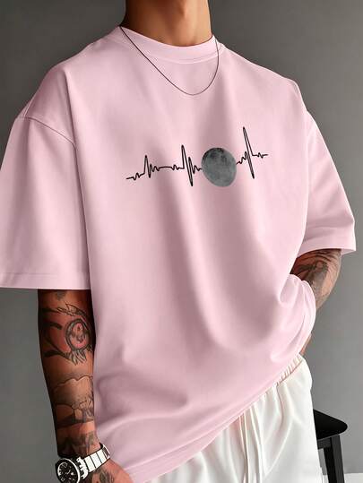 Casual Versatile Round Neck Short Sleeve T-Shirt, Moon Pattern, Soft & Comfortable