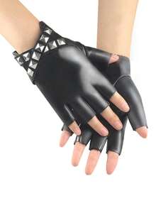 1 par de guantes sin dedos de estilo punk con correa hueca y remaches, guantes de piel de PU sexy sin dedos para hombres y mujeres, adecuados para exteriores, casual, fiesta, actuación