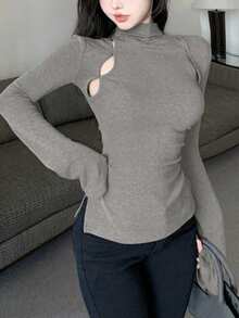 时尚纯色立领侧开衩T恤，秋季 - 灰色 - 查看 5
