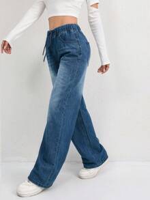 Women's High Waisted Stretch Wide Leg Jeans – Pull-On Baggy Denim Pants With Drawstring & Pockets | Casual Dressy Straight/Barrel Leg Trousers ﻿ - 深天藍 - 查看 5