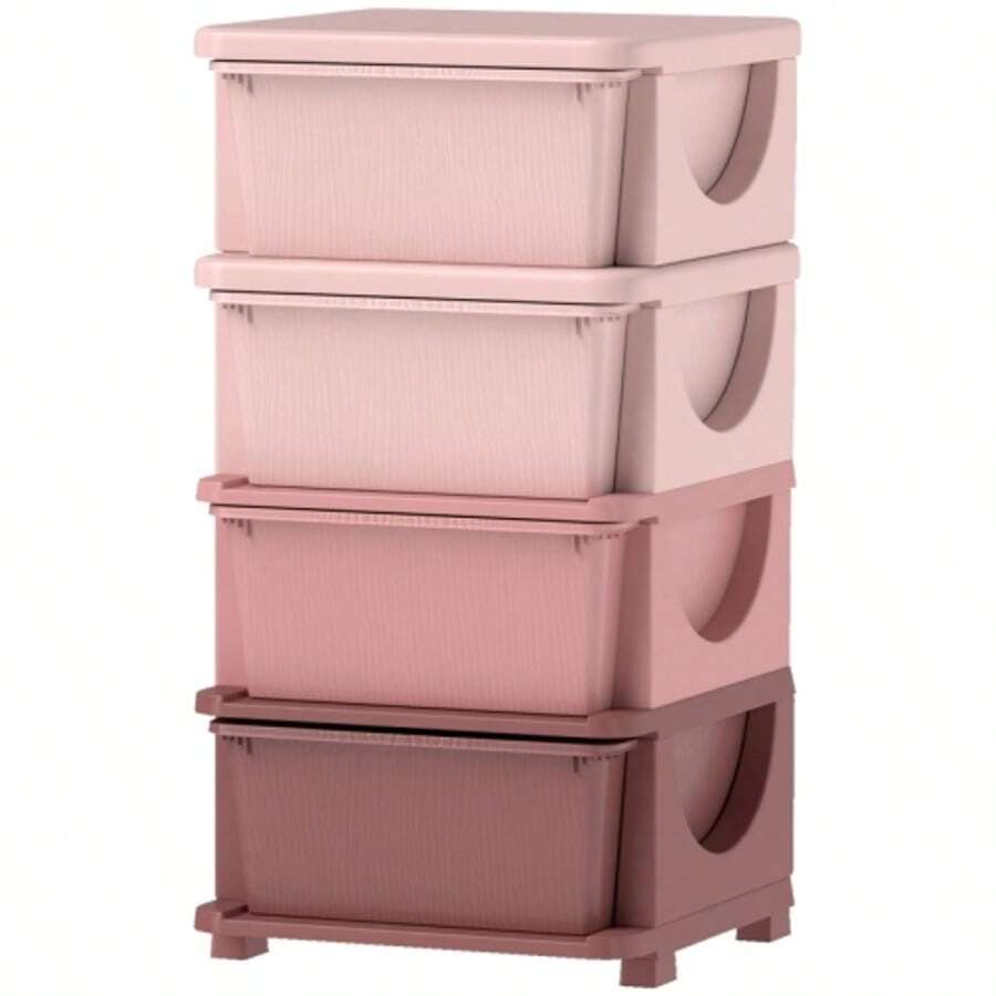 HOMCOM Kids' Storage Boxes, 4 Drawers, Rounded Edges, Raised Design, 37 X 37 X 76 Cm, Pink - Hot Pink - View 1
