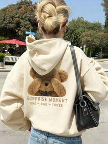 1件少女休闲印花套头卫衣，保暖内衬，长袖，秋冬季学生服装 - 杏色 - 查看 8