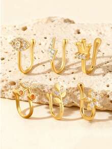 6/8/10pcs Gold-Plated Faux Nose Piercing Clip Set With Micro-Inlaid Cubic Zirconia, U-Shaped Nose Rings In Demon Eye / Lightning Designs, Versatile Nose Accessories For Festivals, Halloween, Parties, Daily Wear, Women's Gift