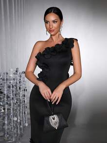 全新优雅 3D 花卉装饰修身单肩无袖蝴蝶结连衣裙，适合婚礼宾客、伴娘、派对、正式晚礼服 - 黑色 - 查看 8