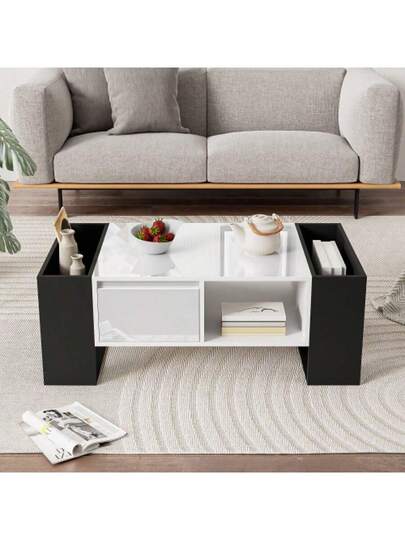 Moderne Coffee Tafel 105 60 40.5 Cm Zwart Wit High Gloss Surface, Drawer Open Compartments view 2