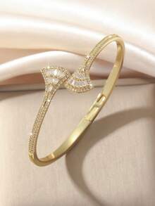 1pc Elegant & Charming 18K Gold Plated Zirconia Adjustable Apricot Leaf Bangle Bracelet, Jewelry Gift For Women, Suitable For Daily Wear, Party, Date