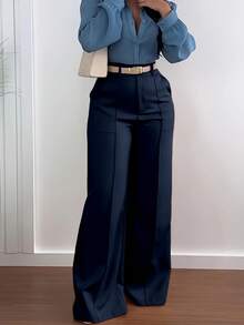 Solid Color Zipper Pocket Button Waistless Elegant Fashionable Versatile Suit Pants For Commuting - Navy Blue - View 3