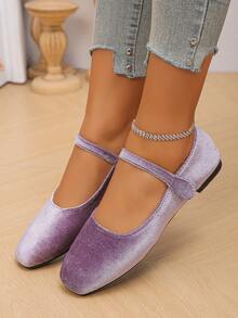 Plus Size EU 35-43 Vintage Mary Jane Shoes, New Spring/Autumn Fashion Lavender Velvet Strap Square Toe Flat Casual/Work/Driving/Holiday Comfortable Soft Bottom Ballet Flats For Women - Mauve Purple - View 4