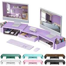 Soporte elevador para monitor dual, organizador de escritorio con cajón y 2 portaplumas, organizadores de escritorio y accesorios, decoración de oficina morada (morado) - blanco - Ver 1