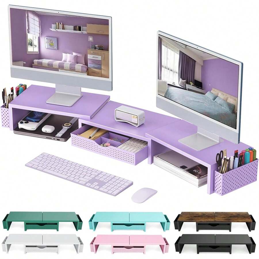 Soporte elevador para monitor dual, organizador de escritorio con cajón y 2 portaplumas, organizadores de escritorio y accesorios, decoración de oficina morada (morado) - blanco - Ver 1
