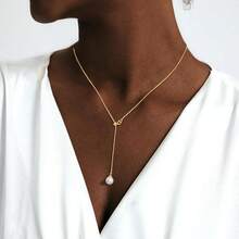 Luxval Lariat Gold Necklace For Women, Dainty Long Necklace 14k Gold Plated/Silver Y-Shaped Pendant Necklaces  Beaded Chain Drop Necklaces Jewelry For Women Gifts{"Color_name":"Gold-AdjustablePearl"} - 金色可調式珍珠 - 查看 6