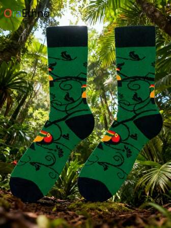 1 Pair Men's Mid-Calf Socks - Made With 97% Polyester And 3% Spandex For A Comfortable And Stretchy Feel; Suitable For Autumn/Winter Season, A Matching Pair Style For Couples, With A Tropical Toucan Pattern Printed On A Green Base, A Stylish And Casual Sock.