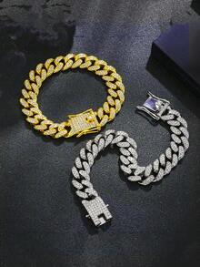 2 piezas Conjunto de collar y pulsera de alta calidad de estilo hip hop, collar de eslabón cubano brillante y pulsera, joyería hip hop con diamantes, diseño de lujo adecuado para hombres y mujeres, accesorios para el cuello y la muñeca, diamantes brillantes - multicolor - Ver 8