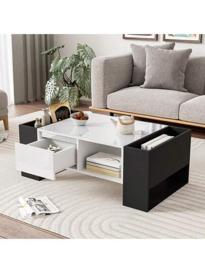 Moderne Coffee Tafel 105 60 40.5 Cm Zwart Wit High Gloss Surface, Drawer Open Compartments