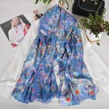 100% Mulberry Silk Scarf For Women Lightweight Long Scarves Beach Wraps Cover Up -Travel Photography Scarfhalloween - Blue Pink Floral - 查看 11