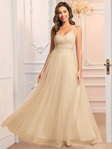 Elegante vestido de dama de honor con espalda descubierta de encaje y malla en color champán, adecuado para bodas, vacaciones, cumpleaños, graduaciones y otras ocasiones
