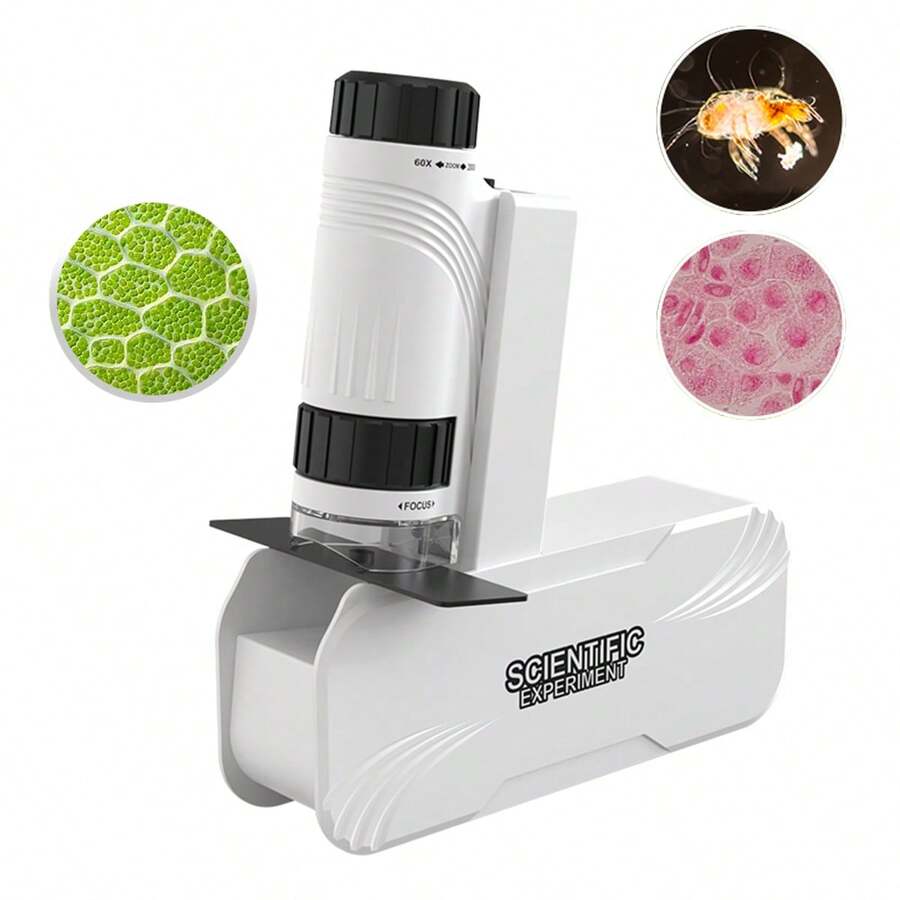Handheld Portable Toy Microscope With LED Lighting And Stand, Offering 60x-120x Magnification. Perfect For Boys And Girls Exploring Nature Indoors And Outdoors, Making It An Excellent Educational Gift For Holidays.