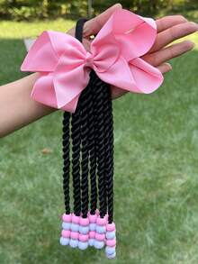 1pc Kids Ponytail With Beads Braids Hair Extension Detachable Synthetic Curly Hairpieces With Bows Protective For Girls Toddler - Natural Black - View 8