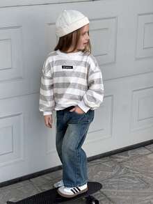 DAZY 少女条纹圆领羊毛运动衫，秋季 - 灰色 - 查看 4