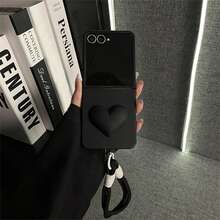 奢华简约 3D 心形黑色手机壳带防丢绳 适用于 Galaxy ZFlip7 Z Flip6 ZFlip 5 Zflip6 后盖 - 黑色 - 查看 2