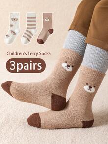 3 Pairs Kids Cartoon Bear Print Thermal Lined Socks (3-12 Years Old) - Suitable For Children, Thick Winter Mid-Calf Socks, Warm And Soft, Versatile For Casual And Sleepwear, Fits Different Styles - Multicolor - View 7