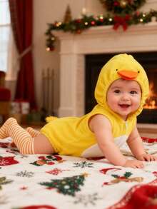 Baby Girls Casual Hooded Romper Sleeveless Zip Up Animal Chick Romper With Striped Socks - 黃色 - 查看 8