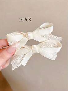 2/4/10pcs Set Beige Lace Bow Hair Clips, Vintage Elegant Alligator Clip, Gentle Bangs Side Clip, Girls Hair Accessories - 2pcs - View 7