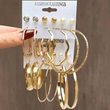 Set de 6 pares de pendientes de aro anchos con forma de Torre Eiffel, corazón y ola, estilo europeo y americano exagerado