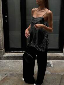 Lace Trim Cami Top For Women, Sleeveless Spaghetti Strap Tank, Elegant Summer Blouse - Black - View 6