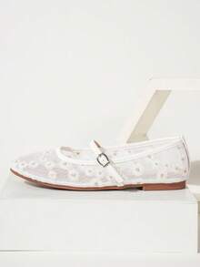 Balerini de damă cu vârful rotund din plasă, design floral brodat, stil elegant, minimalist, respirabil, retro Mary Jane, fără slip-on, la modă și confortabili pentru purtare zilnică.