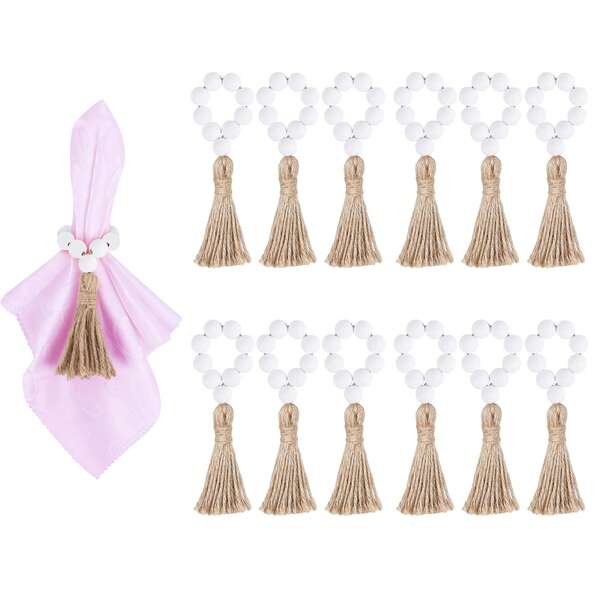 12pcs Handmade Wooden Bead Napkin Rings, Natural Wood Beads & Tassels Napkin Rings, Wooden Napkin Rings, Wedding Table Decor Rings