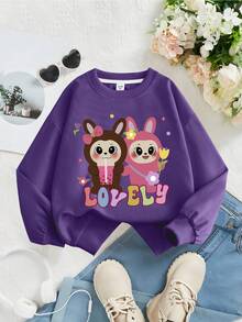 Tween Girl Cute Animal Print, Casual Minimalist Long Sleeve Crew Neck Sweatshirt, Autumn/Winter, Adorable, Kawaii Pullover, Cartoon Print Sweatshirt - Purple - View 1