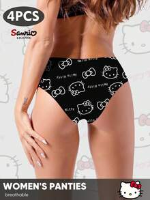 Sanrio 4 piezas/paquete Bragas sin costuras de tiro bajo con estampado de Hello Kitty de Sanrio para mujeres