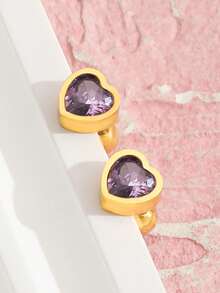 一对时尚简约心形锆石耳钉，适合女孩、家人和朋友在节日场合佩戴，珠宝配饰 - 彩色 - 查看 5