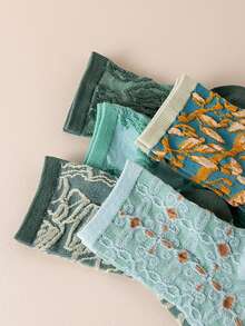 5 Pairs Women's Fashionable Green Embossed Mid-Calf Socks, Versatile For Autumn/Winter - Multicolor - View 4