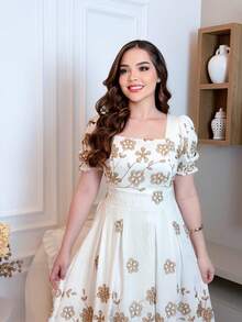 Elegant Viscose Midi Dress With Short Sleeves - White - View 5