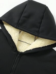Men's Thick Fleece Hooded Cardigan Sweatshirt, Autumn And Winter Jacket, Fashionable And Casual Warm Hooded Sweatshirt, Lamb Fleece Coat - Black - View 4