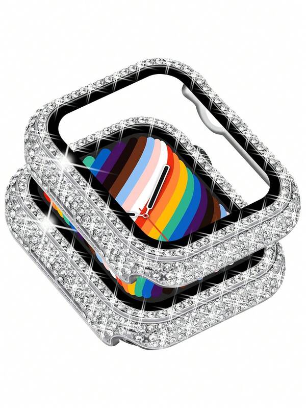 Accesorios compatibles con con protector de pantalla de vidrio templado incorporado, cubierta protectora con diamantes de cristal brillante y diamantes de imitación para mujeres y hombres, compatible con Apple Watch 38/40/41/42/44/45/46mm, con Series SE/11/10/9/8/7/6/5/4/3/2/1, Plata