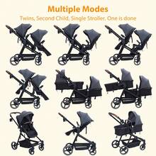 Cochecito doble tándem para recién nacidos y niños pequeños, plegable, con asiento reversible, arnés de seguri-dad de 5 puntos, respaldo y capota ajustables, cesta portaobjetos, color gris oscur - Gris Oscuro - Ver 3