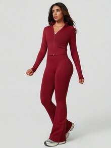 NcmRyu 1 Set Women Seamless Ribbed Zip Up Mock Neck Long Sleeve Flare Pants Activewear Suit Spring - Đỏ - Xem 8