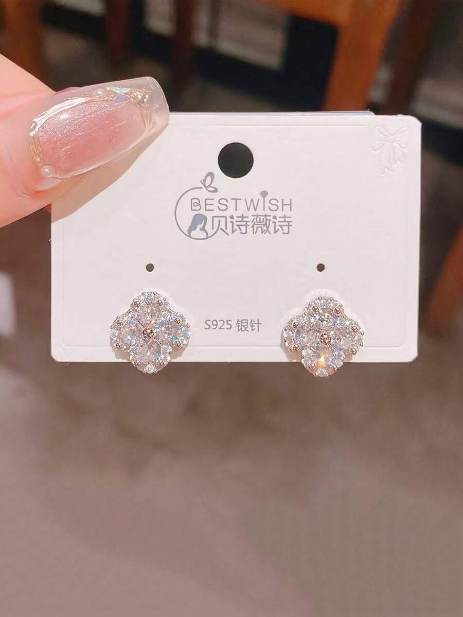 1 件奢华高端水钻银四叶草 925 银耳钉，时尚女神百搭佩戴，精致情人节耳环 - 白鋯四葉草耳釘 - 查看 1