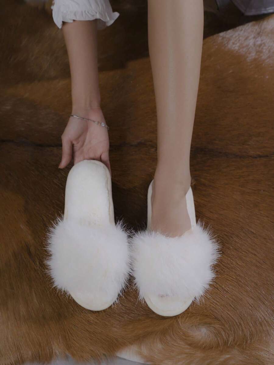 女士室内拖鞋，毛绒衬里，时尚圆头露趾设计，防滑软底，适合舒适的卧室使用 - 白色 - 查看 1