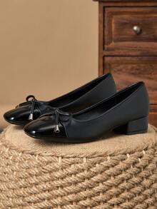 MonaNise Women's Square Toe 3cm Heel Pumps, Suitable For Work, Commute, Dinner Party, Vintage Bow Accent, Navy Blue, Fashionable Casual Slip-On Shoes - màu đen - Xem 6