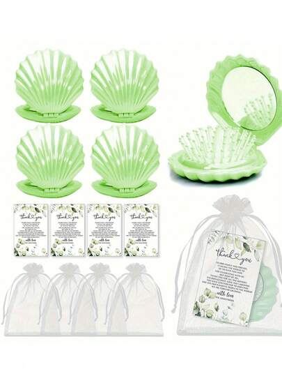 12 Pcs /4 Sets Of Shell-Shaped Mirror Combs 2 In 1 Set, Including 4 Shell-Shaped Mirrors, 4 Thank-You Cards, And 4 Transparent Gauze Bags, Suitable For Weddings, Bachelorette Parties, And Hen Parties