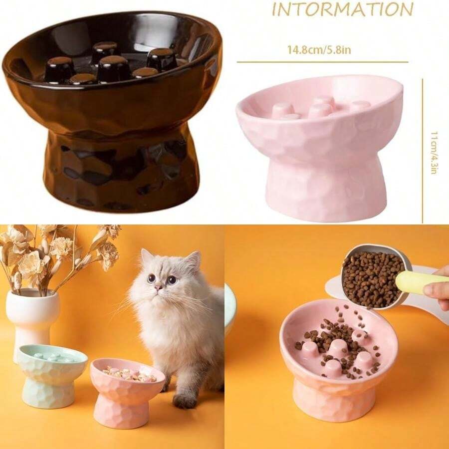 TSBXLKJOAES Cuenco Elevado para Gatos de Cerámica – Diseño Inclinado 15° Antivómitos, Comedero Slow Feeder para Gatos y Perros Pequeños, Apto para Comida Seca y Húmeda()(Black) - Tipo 3 - Ver 1