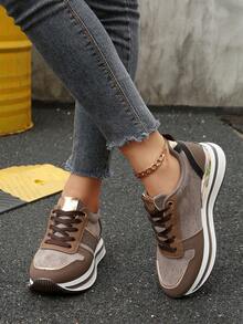 Sneaker da donna con zeppa comoda e alla moda, slip-on antiscivolo, con patchwork in strass, piattaforma, leggere e casual, decorate con strass - Castano - Visualizzare 5