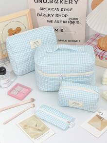 1 件装蓝色格纹化妆包，绣有爱心图案，可爱波点印花，大容量旅行化妆包，带拉链，可收纳化妆刷，小口红袋，小物件收纳袋 - 粉色 - 查看 12